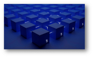 A grid of blue cubes. The cubes are arranged in a staggered pattern and have a white "t3" on each face. The background is also blue.