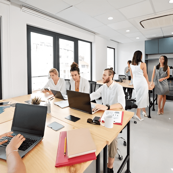 "People working together in a modern, collaborative office space at Tech Harbor, surrounded by laptops and smart devices, fostering an environment of innovation and teamwork."